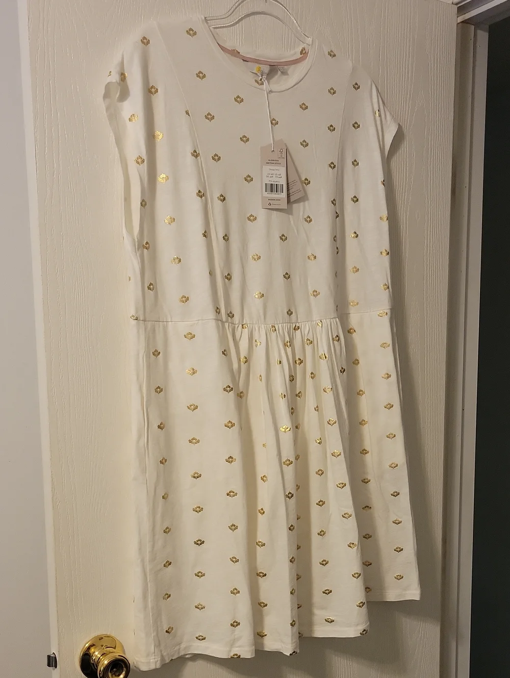 NWT Boden Cream Dress with Gold Foil Motif